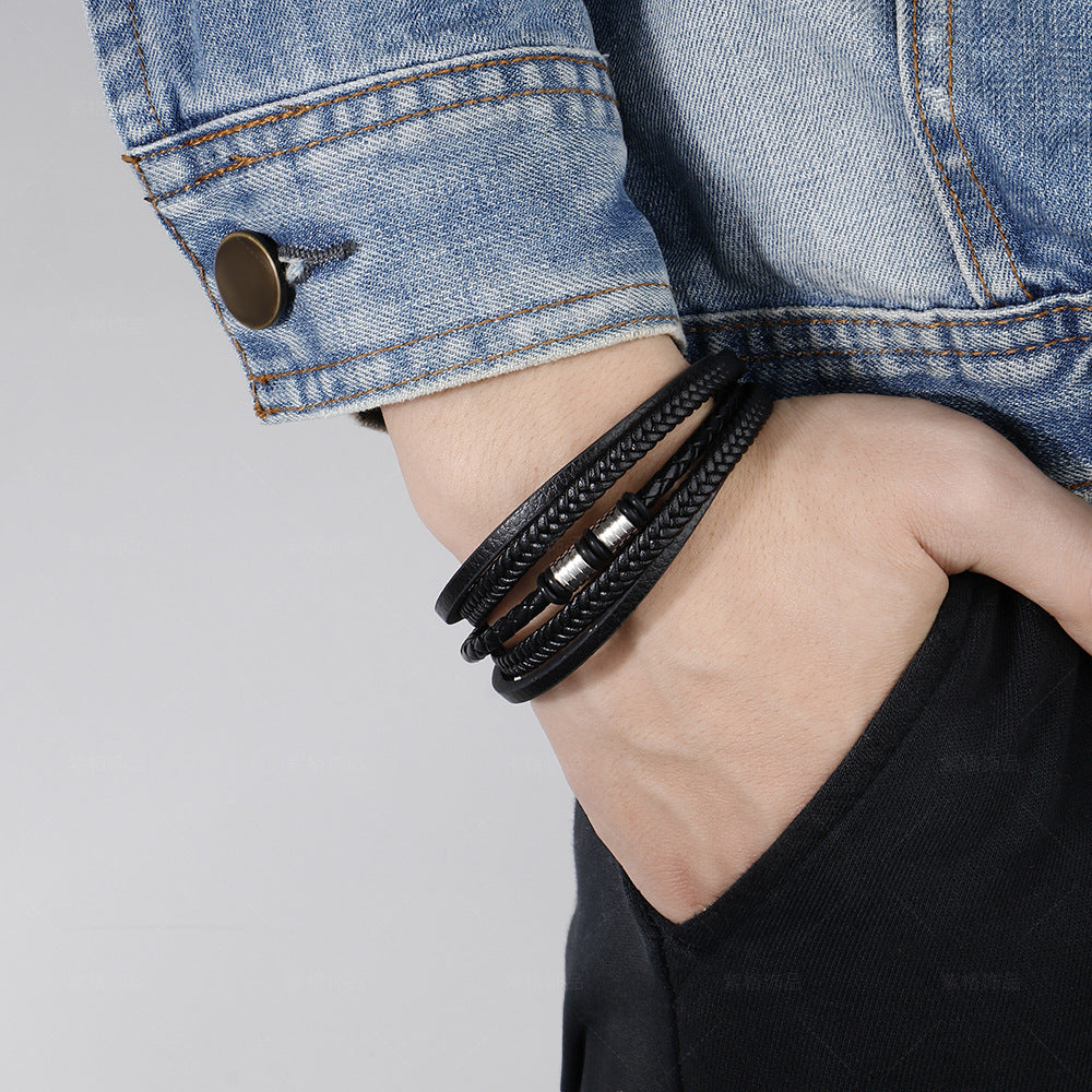 Multilayer Black Leather Bracelet-Leather Bracelets-2-Glitters