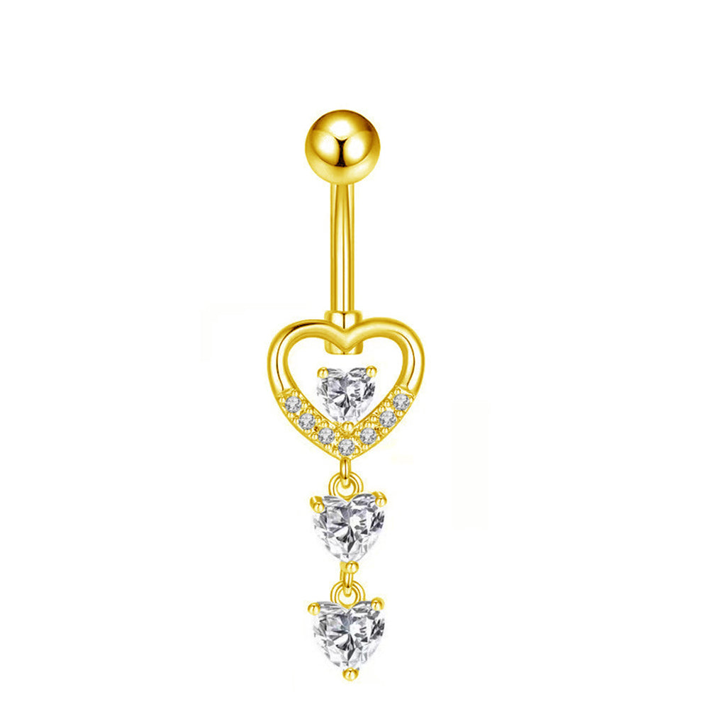 Triple CZ Heart Dangle Belly Button Navel Ring - Gold-Belly Rings-1-Glitters