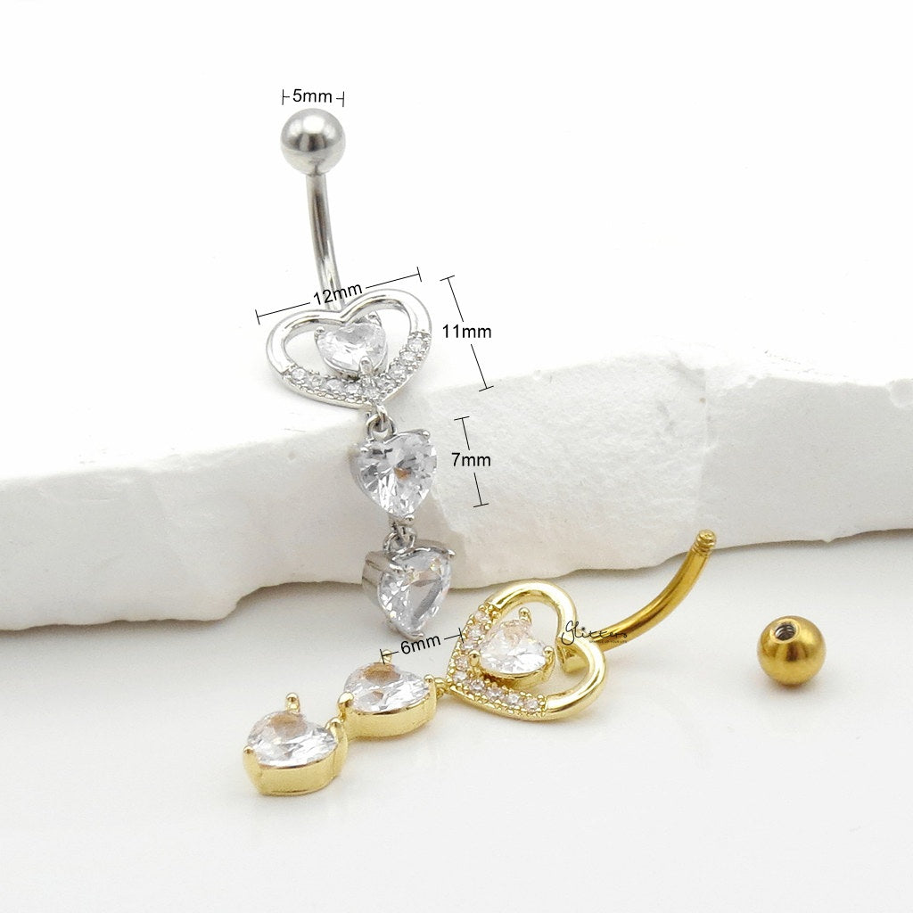 Triple CZ Heart Dangle Belly Button Navel Ring - Gold-Belly Rings-3-Glitters