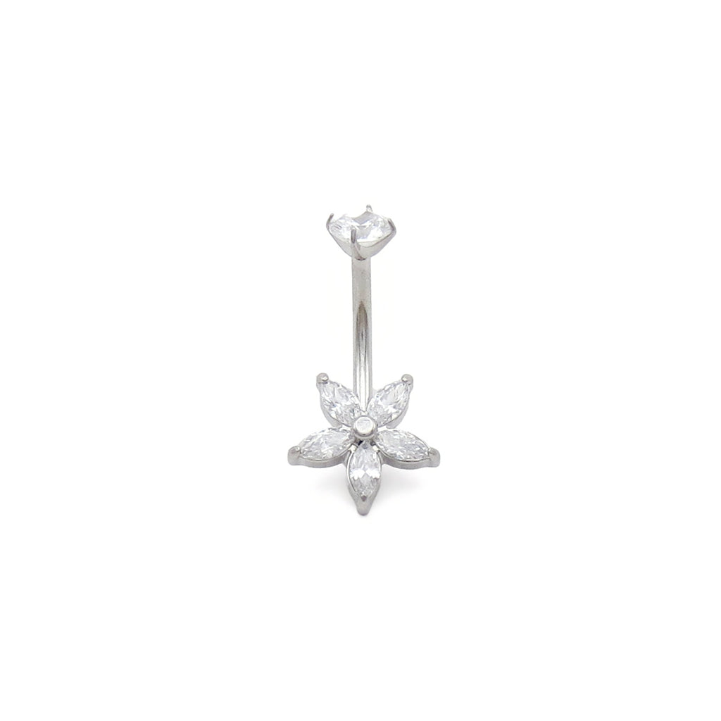 Marquise CZ Flower Belly Button Navel Ring - Silver
