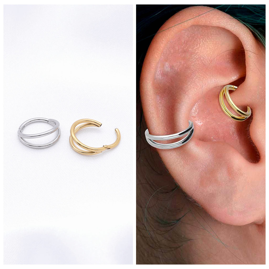 Hinged Segment Double Lines Hoop Ring - Gold-Septum Rings-2-Glitters