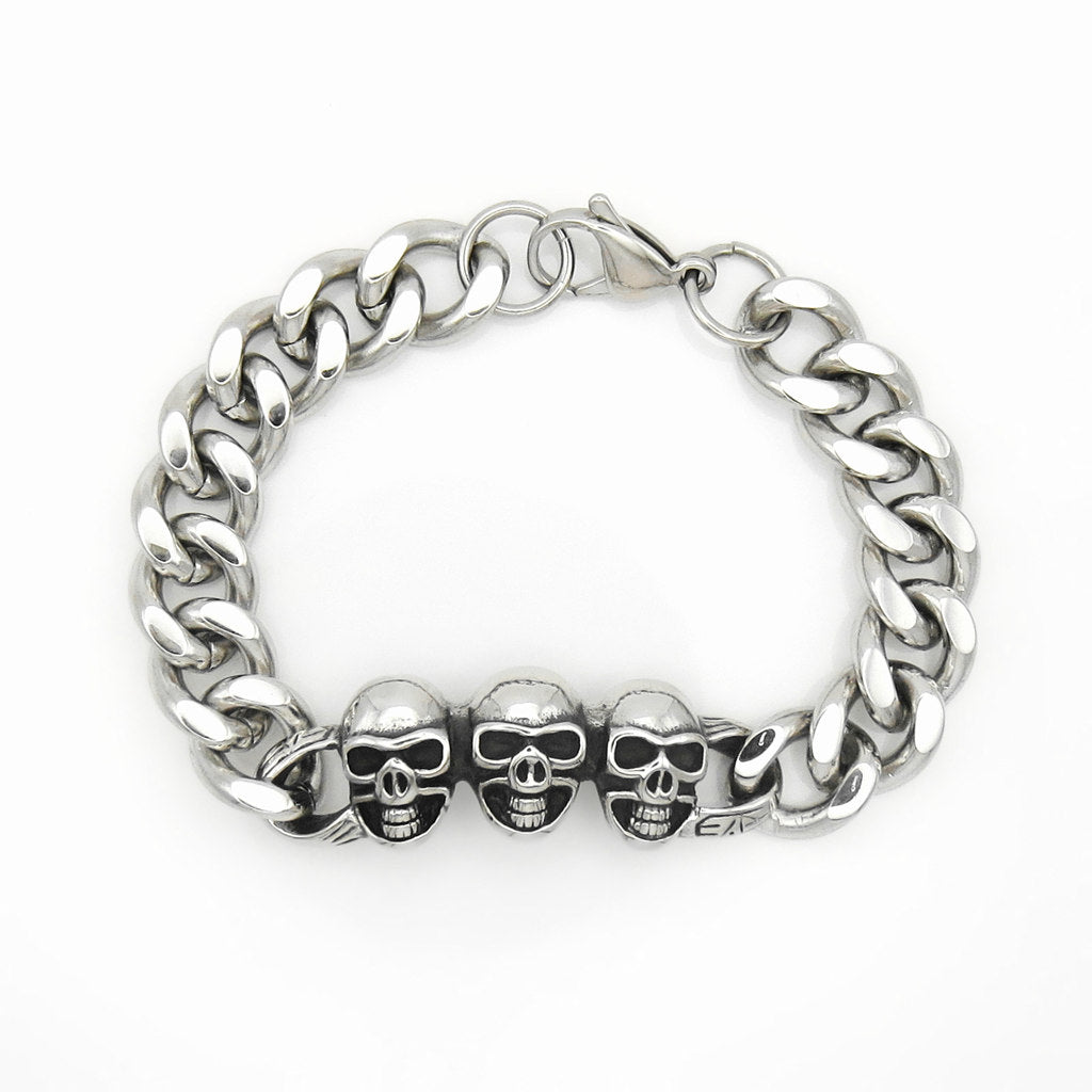 Stainless Steel Triple Skull Cuban Link Bracelet-Stainless Steel Bracelets-1-Glitters
