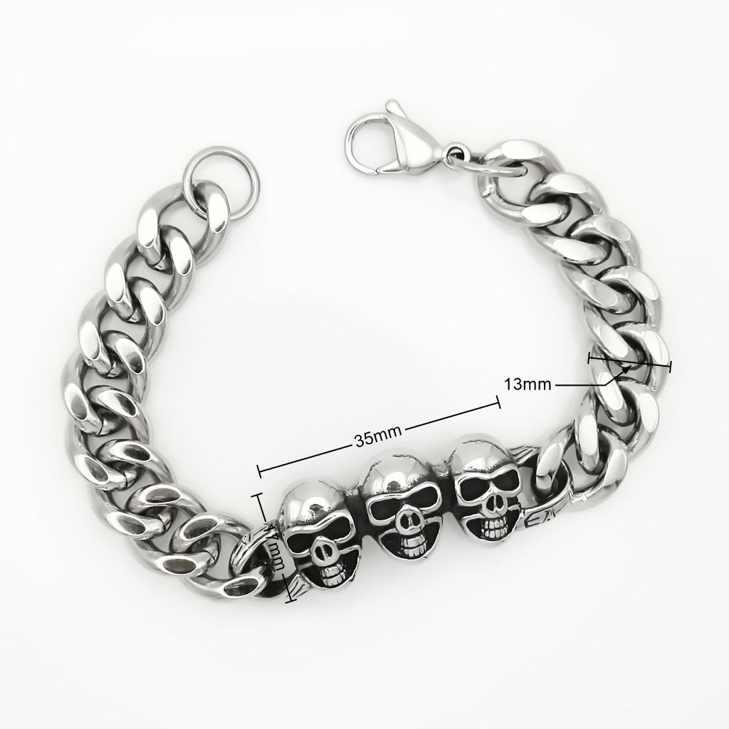 Stainless Steel Triple Skull Cuban Link Bracelet-Stainless Steel Bracelets-5-Glitters