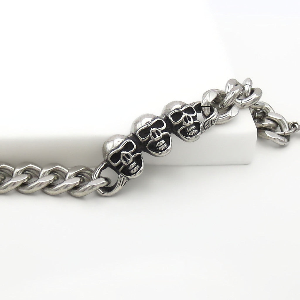 Stainless Steel Triple Skull Cuban Link Bracelet-Stainless Steel Bracelets-3-Glitters