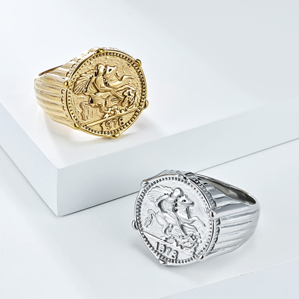 Stainless Steel Knight Coin Signet Ring - Gold-Stainless Steel Rings-4-Glitters