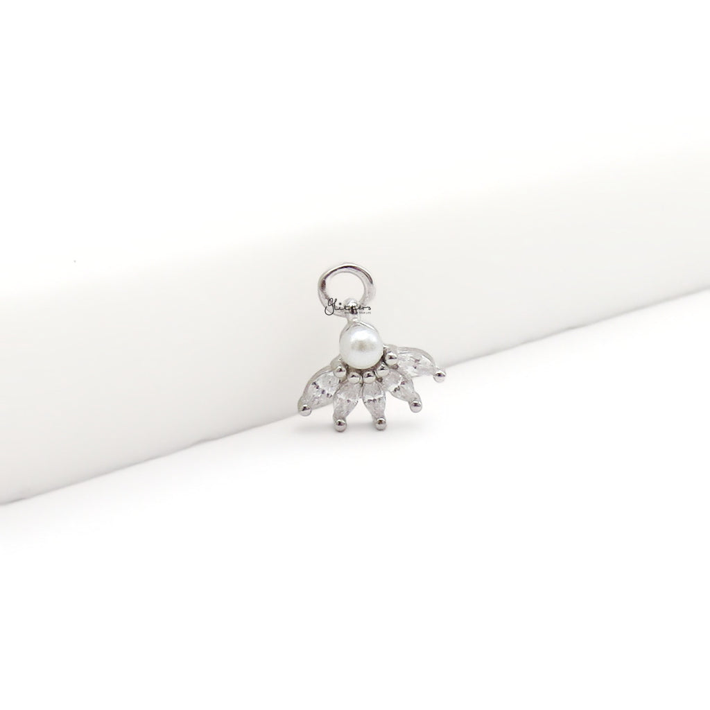 925 Sterling Silver Pearl & Marquise CZ Fan Hoop Earring Dangle Charm