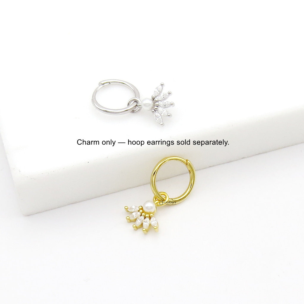 925 Sterling Silver Pearl & Marquise CZ Fan Hoop Earring Dangle Charm