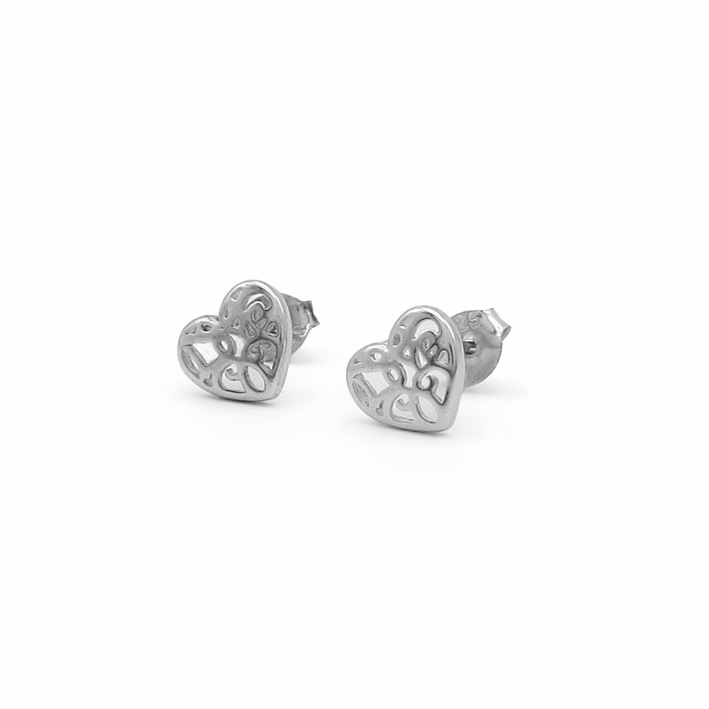 Sterling Silver Filigree Heart Stud Earrings
