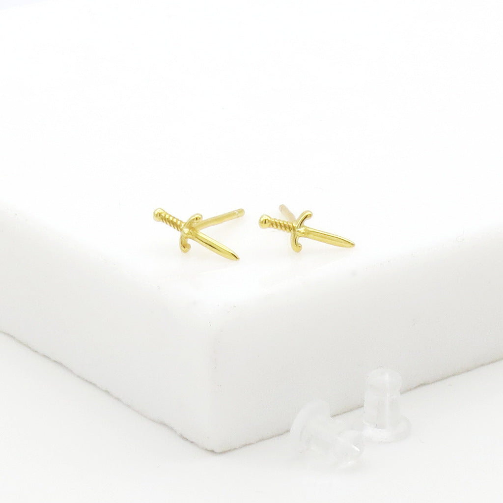 Sterling Silver Dagger Stud Earrings - Gold