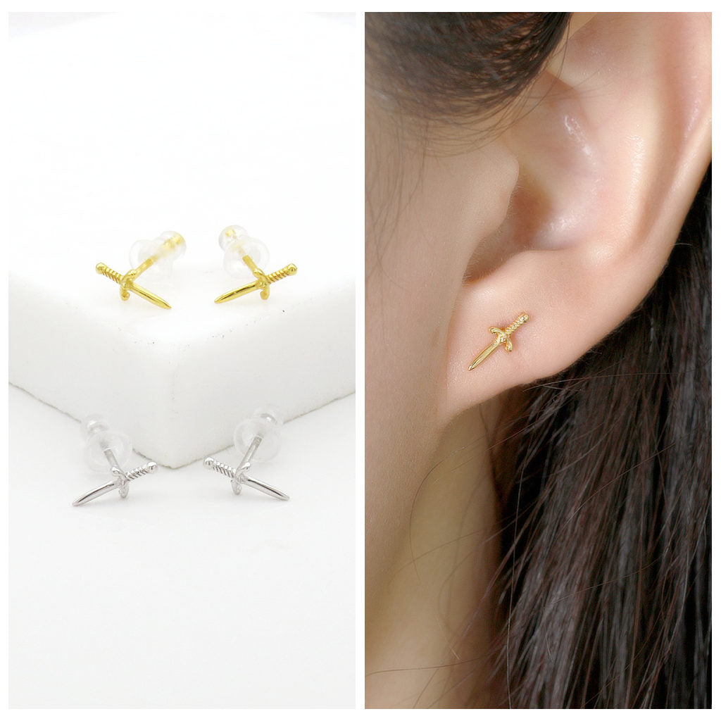 Sterling Silver Dagger Stud Earrings - Silver