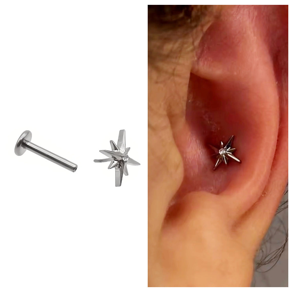 Starburst CZ Centre Threadless Titanium Flat Back Stud Earring