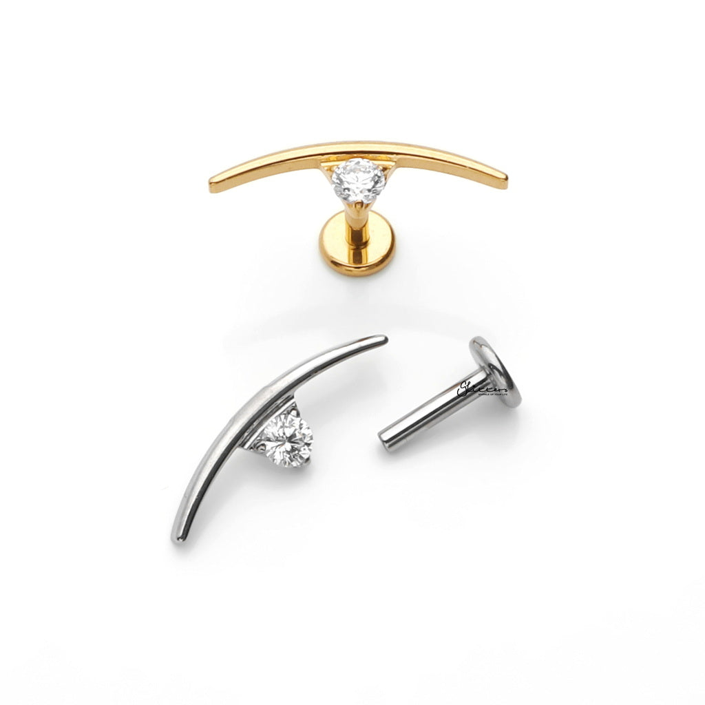 Curved Bar with A CZ Titanium Flat Back Stud Earrings-Tragus | Cartilage | Daith | Conch-4-Glitters