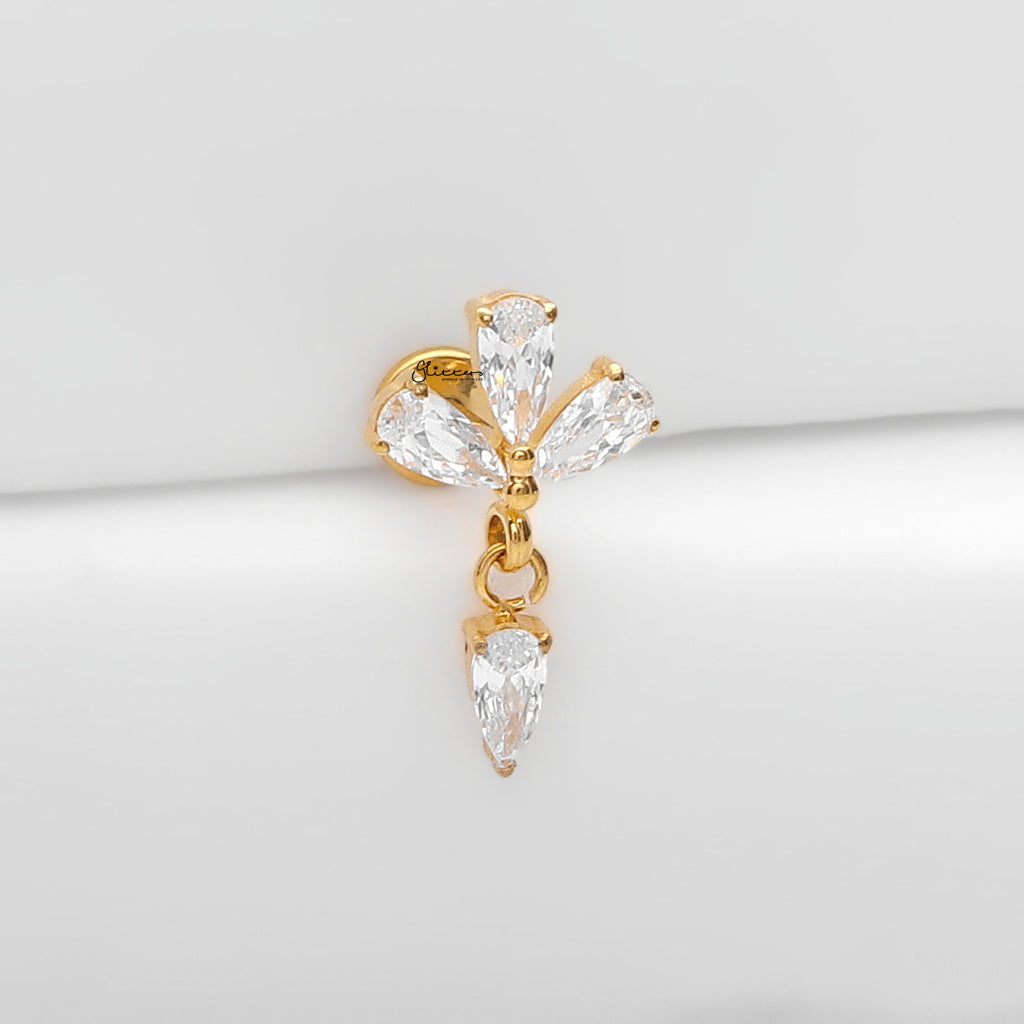 Flower with Dangling Teardrop CZ Titanium Flat Back Stud Earrings-Tragus | Cartilage | Daith | Conch-4-Glitters