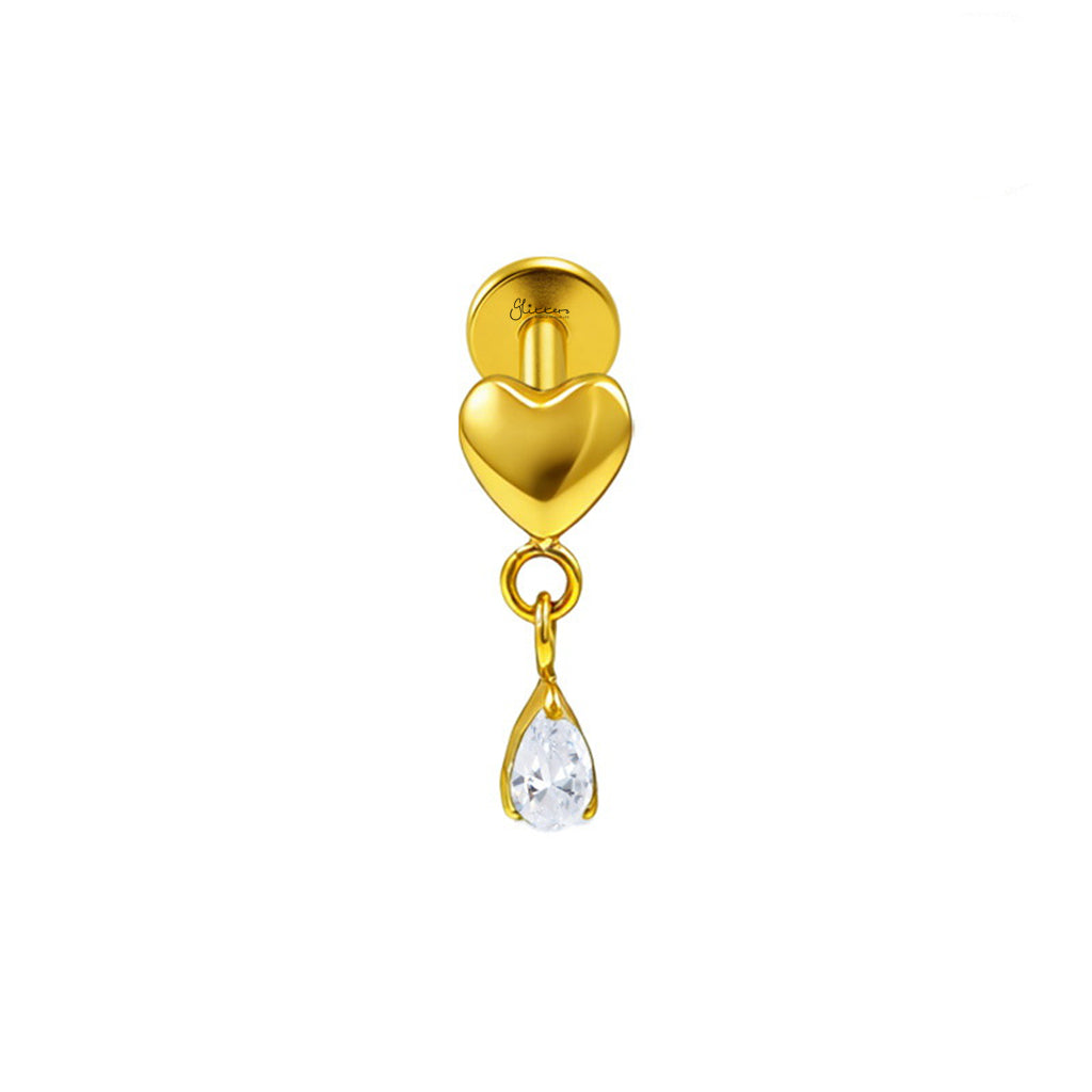 Titanium Heart with Dangle Teardrop CZ Flat Back Stud Earring-Tragus | Cartilage | Daith | Conch-5-Glitters