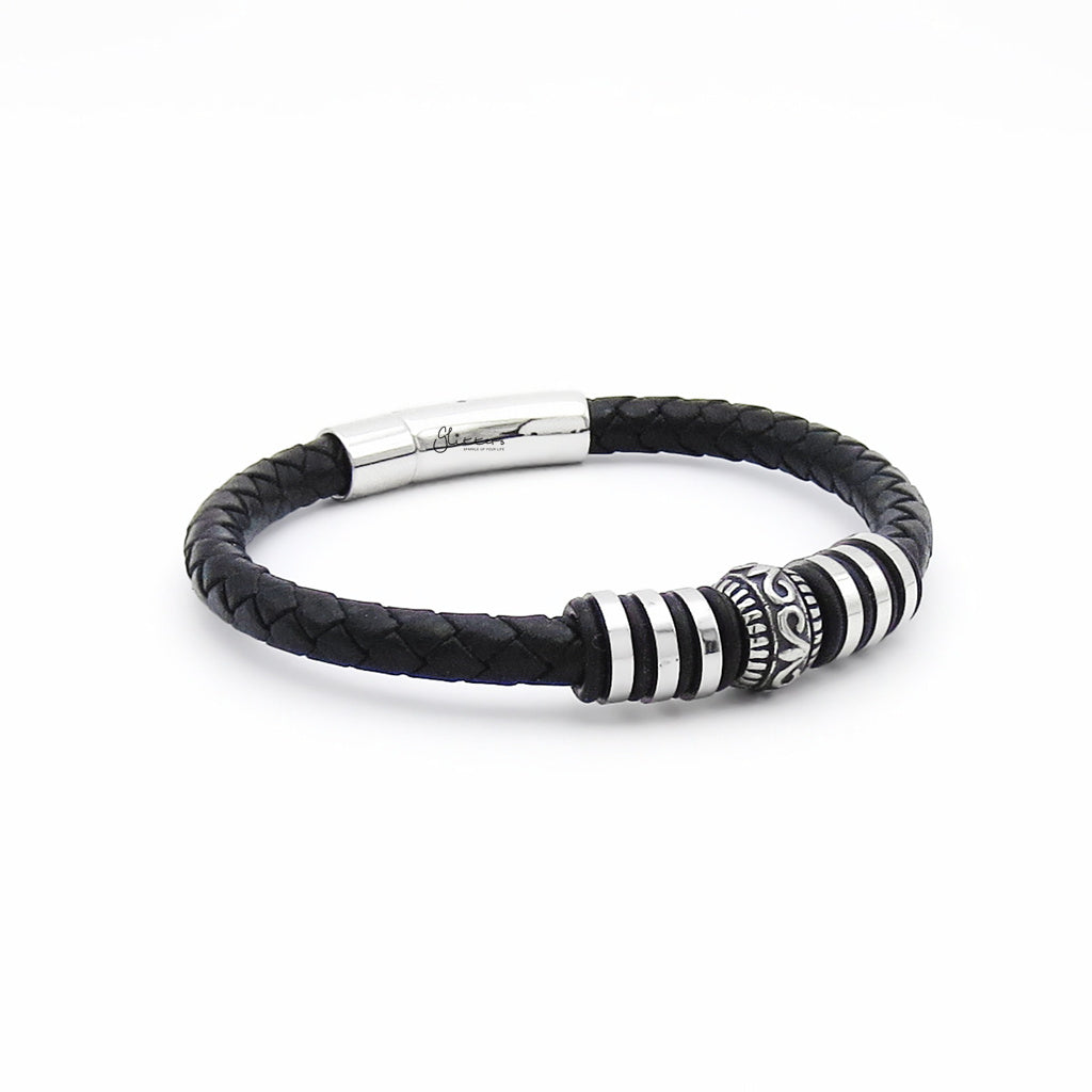Single-Band Braided Leather Bracelet with Patterned Steel Accents-Leather Bracelets-4-Glitters