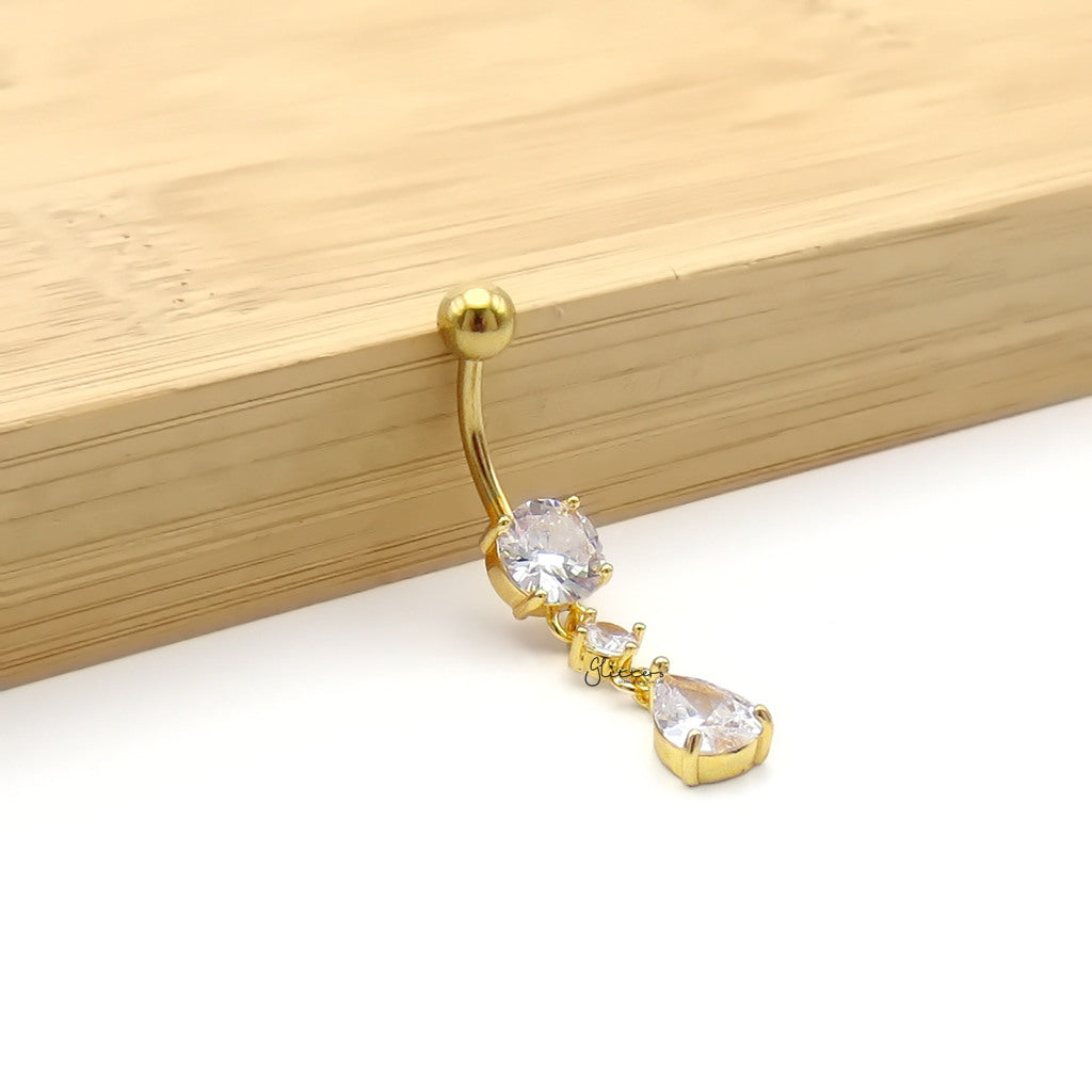 Teardrop CZ Dangle Belly Button Navel Ring - Gold-Belly Rings-3-Glitters