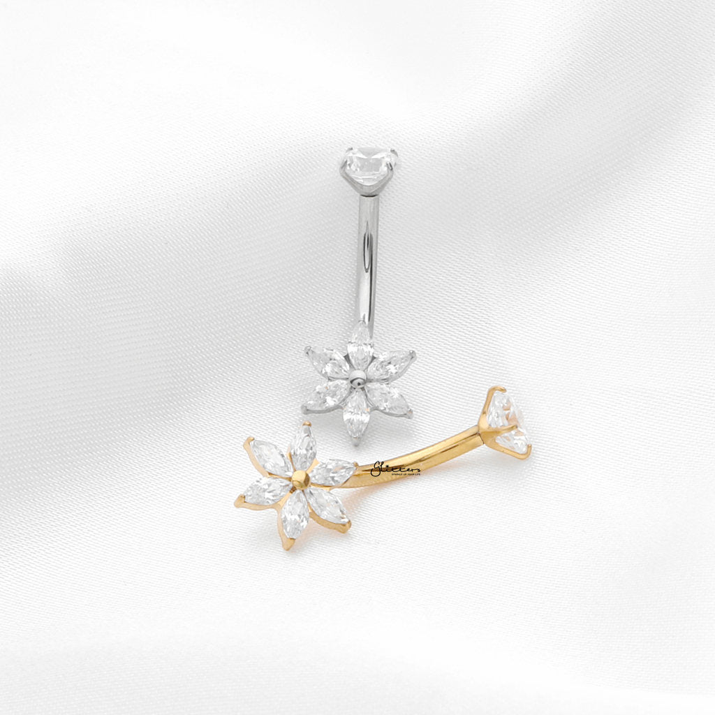 Marquise CZ Flower Titanium Belly Button Ring - Gold-Belly Rings-3-Glitters
