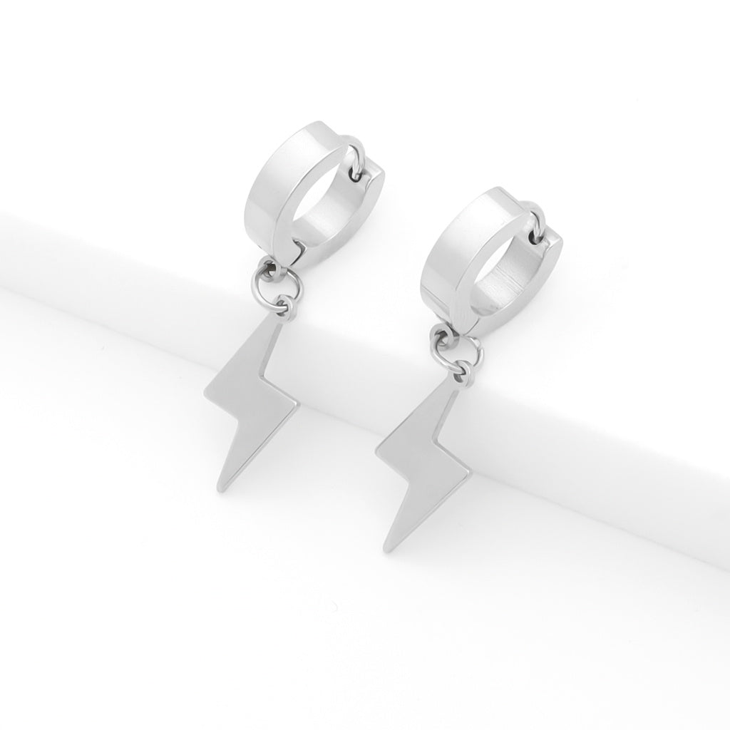 Stainless Steel Lightning Bolt Huggie Hoop Earrings - Silver-Hoop Earrings-2-Glitters