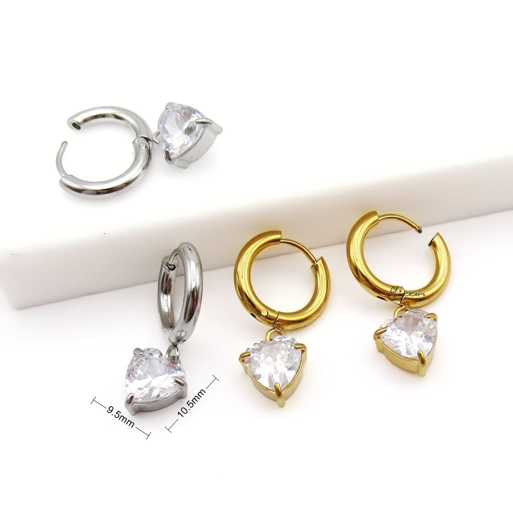 Stainless Steel Heart Cut CZ Dangle Hoop Earrings-Earrings-2-Glitters