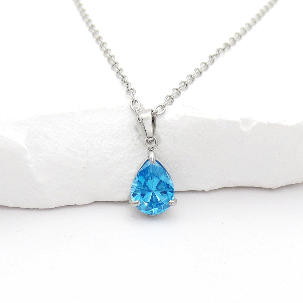 Stainless Steel Pear Cut CZ Teardrop Pendant Necklace - Aqua