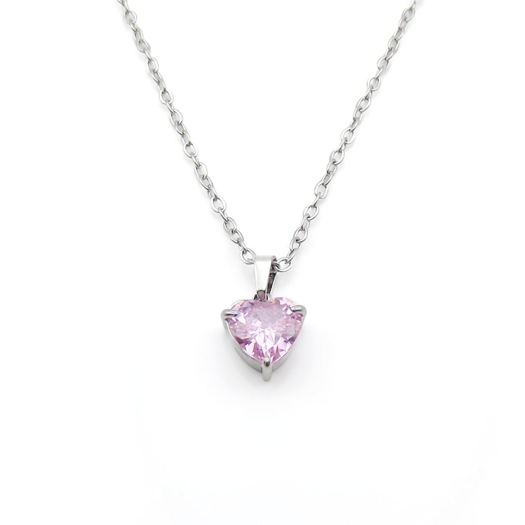 Stainless Steel Heart Cut CZ Pendant Necklace - Pink