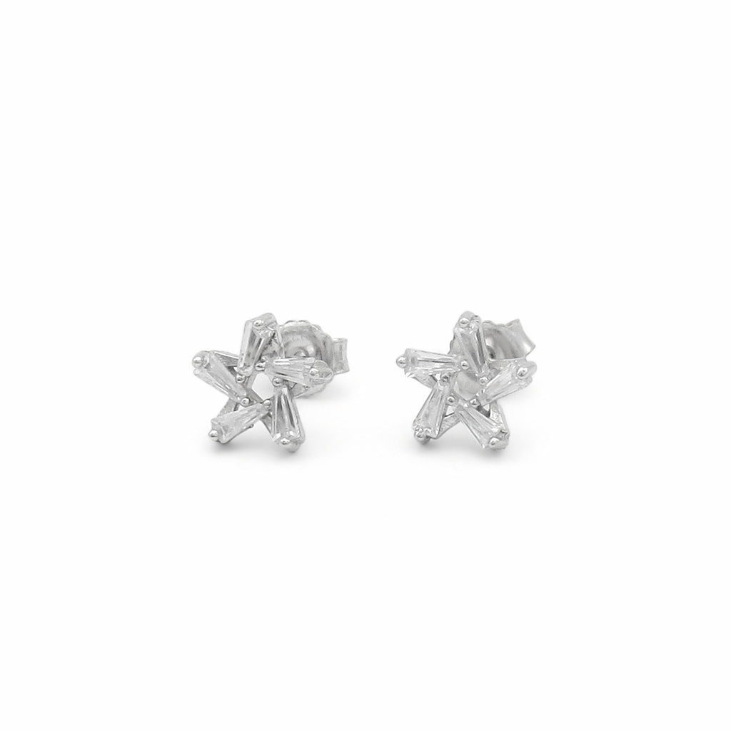 Sterling Silver Baguette CZ Starburst Stud Earrings
