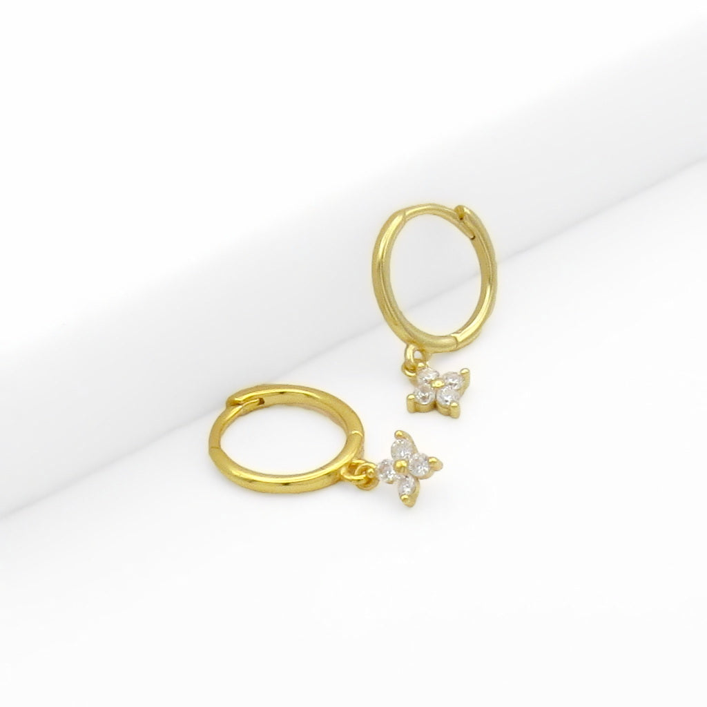 Sterling Silver Huggie Hoop Earrings with CZ Floral Dangle - Gold-Hoop Earrings-1-Glitters