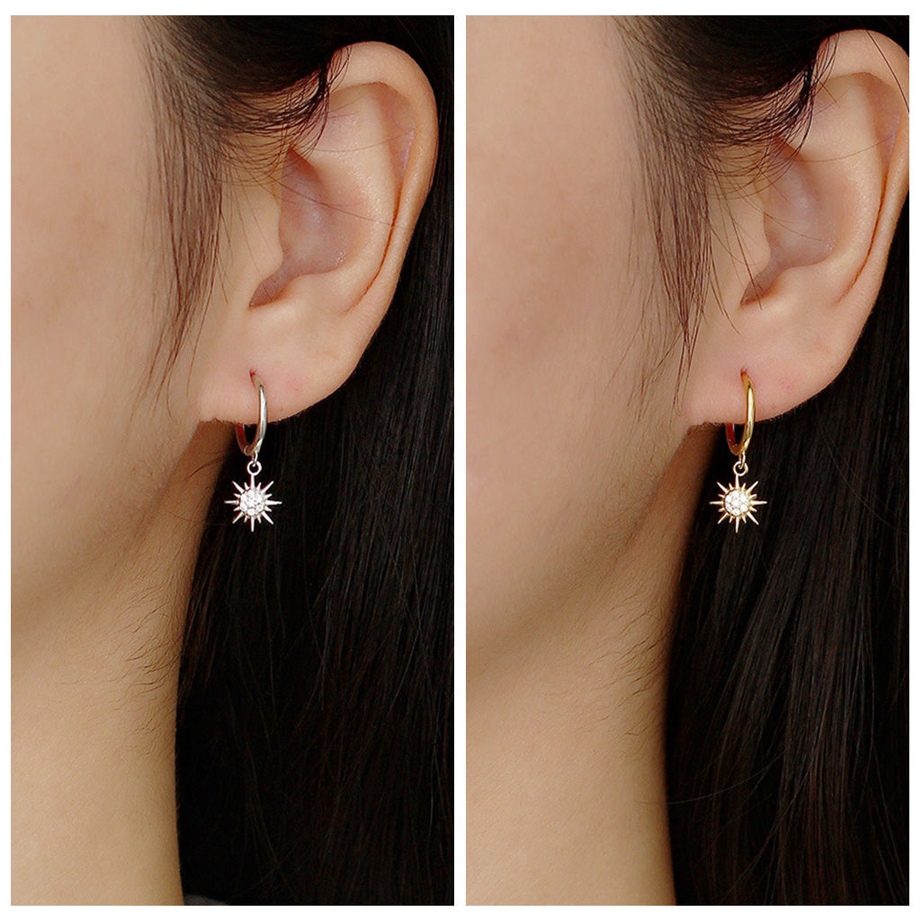 Sterling Silver CZ Sunburst Dangle Hoop Earrings - Gold