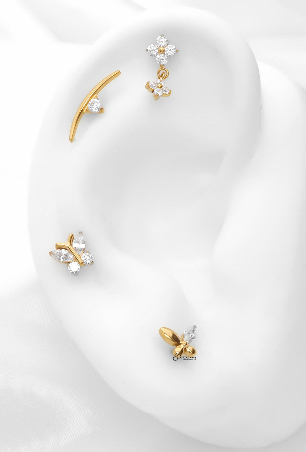 Curved Bar with A CZ Titanium Flat Back Stud Earrings-Tragus | Cartilage | Daith | Conch-5-Glitters