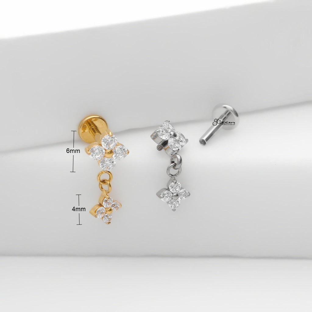 Double CZ Flower Dangle Titanium Flat Back Stud Earrings-Tragus | Cartilage | Daith | Conch-5-Glitters