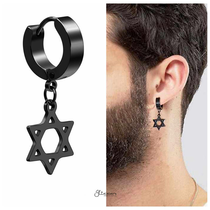 Star of David Symbol Huggie Hoop Earrings - Black-earrings, Hoop Earrings, Huggie Earrings, Jewellery, Men's Earrings, Men's Jewellery, Stainless Steel, Women's Earrings-ER1479-K3-Glitters