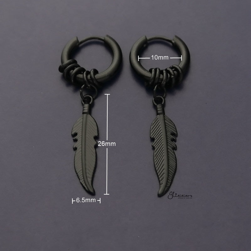 Stainless Steel Huggie Hoop Earrings with Drop Feather and Rings - Black-Chain Earring, earrings, Hoop Earrings, Huggie Earrings, Jewellery, Men's Earrings, Men's Jewellery, Stainless Steel, Women's Earrings-ER1490-K2_800_New-Glitters