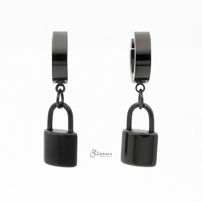 Stainless Steel Huggie Hoop Earrings with Padlock Charm - Black-earrings, Hoop Earrings, Huggie Earrings, Jewellery, Men's Earrings, Men's Jewellery, Stainless Steel, Women's Earrings-ER1544-K2_800-Glitters