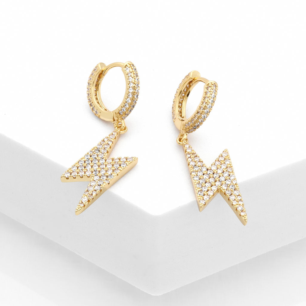 Dangle Lightning Bolt One-Touch Huggie Hoop Earrings-Cubic Zirconia, earrings, Hip Hop Earrings, Hoop Earrings, Iced Out, Jewellery, Women's Earrings, Women's Jewellery-ER1553-G-Glitters