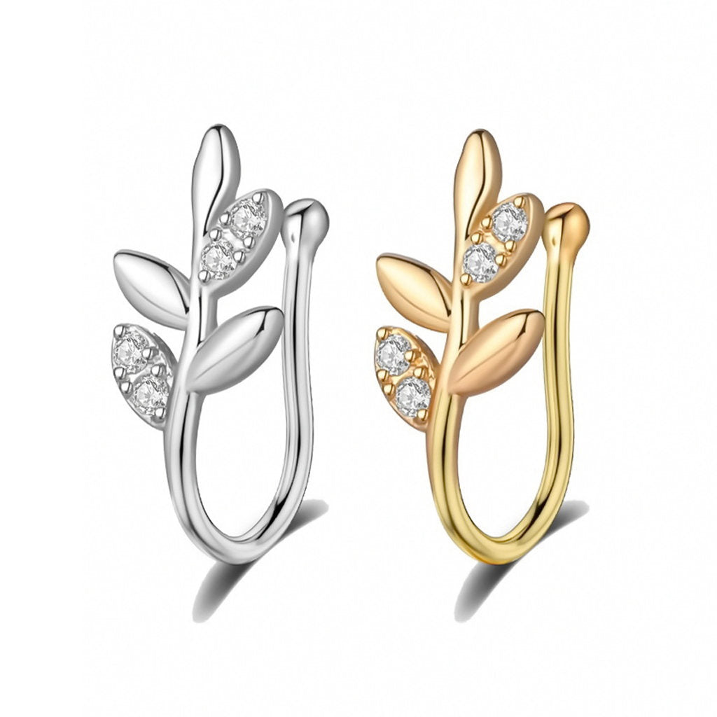 Leaf Non Piercing Nose Ring-Body Piercing Jewellery, Cubic Zirconia, Non-Pierced, Nose Piercing Jewellery, Nose Ring, Nose Studs-FNS02-Glitters