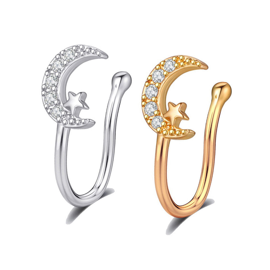 Crescent Moon and Star Non Piercing Fake Nose Ring-Body Piercing Jewellery, Cubic Zirconia, Non-Pierced, Nose Piercing Jewellery, Nose Ring, Nose Studs-FNS07-Glitters