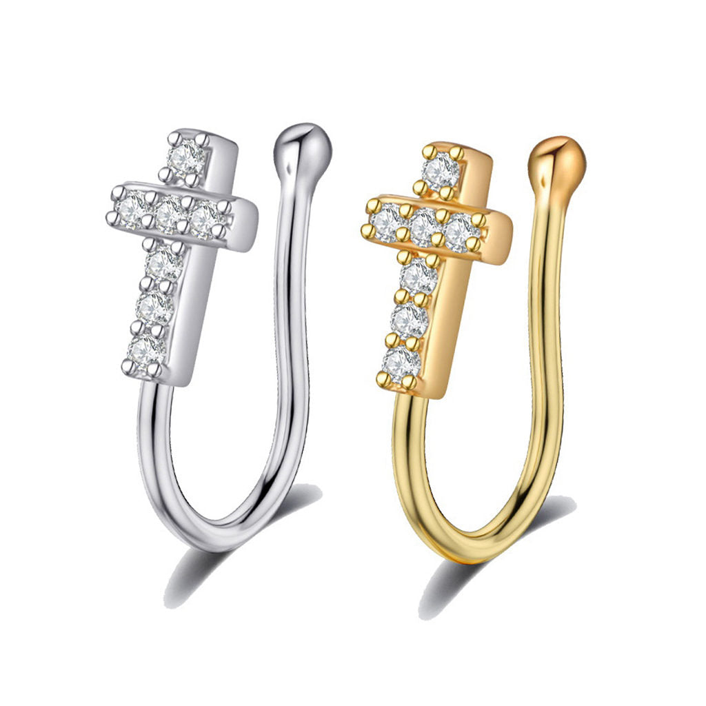 Cross Non Piercing Fake Nose Ring-Body Piercing Jewellery, Cubic Zirconia, Non-Pierced, Nose Piercing Jewellery, Nose Ring, Nose Studs-FNS09-Glitters