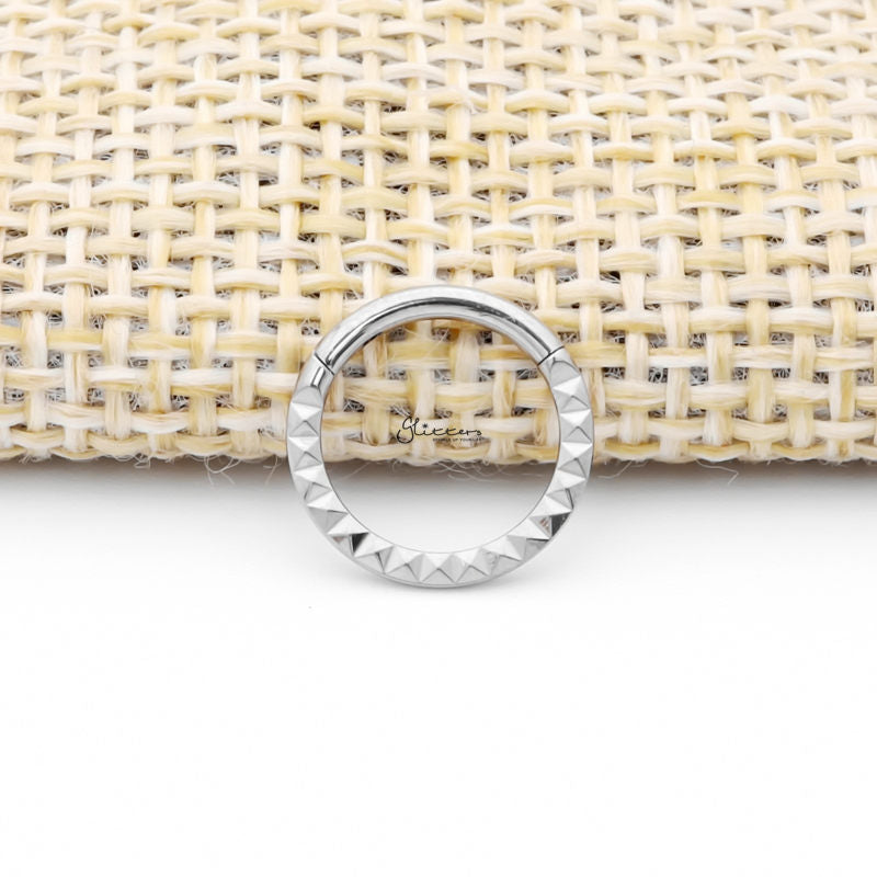 Front Facing Pyramid Laser Cut Titanium Hinged Segment Hoop Ring - Silver-Body Piercing Jewellery, Cartilage, Daith, G23 Titanium, Septum Ring-NS0127-S2_800-Glitters