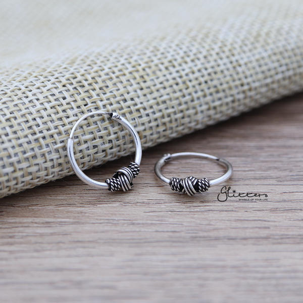 Sterling Silver Bali Hoop Sleeper Earrings - 14mm - SSE0312-earrings, Hoop Earrings, Jewellery, Women's Earrings, Women's Jewellery-SSE0312_01-Glitters