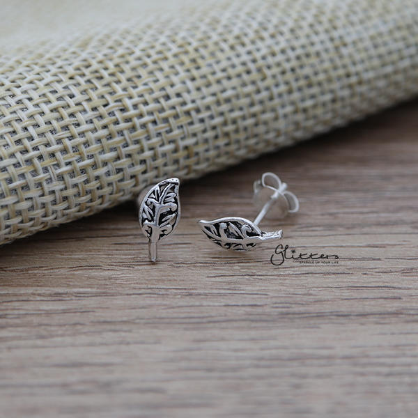 Solid 925 Sterling Silver Leaf Stud Earrings-earrings, Jewellery, Stud Earrings, Women's Earrings, Women's Jewellery-SSE0313_01-Glitters