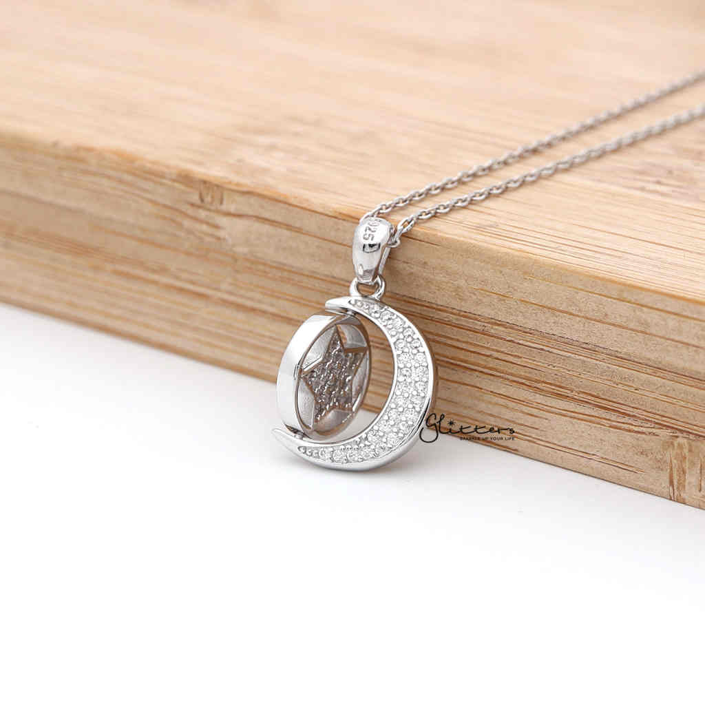 Sterling Silver CZ Paved Moon with Rotatable Double Sides Star in the Middle Women's Necklace-Cubic Zirconia, Jewellery, Necklaces, Sterling Silver Necklaces, Women's Jewellery, Women's Necklace-SSP0128_1000-04-Glitters