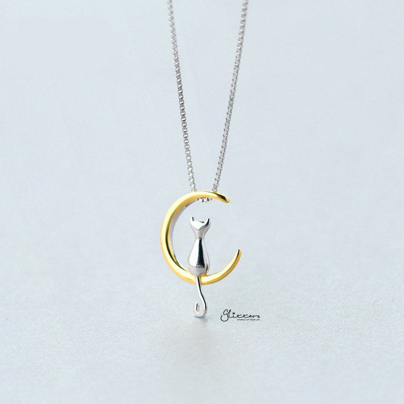 Sterling Silver Cat on the Moon Two Tone Pendant Necklace-Jewellery, Necklaces, Sterling Silver Necklaces, Women's Jewellery, Women's Necklace-SSP0171-2-Glitters