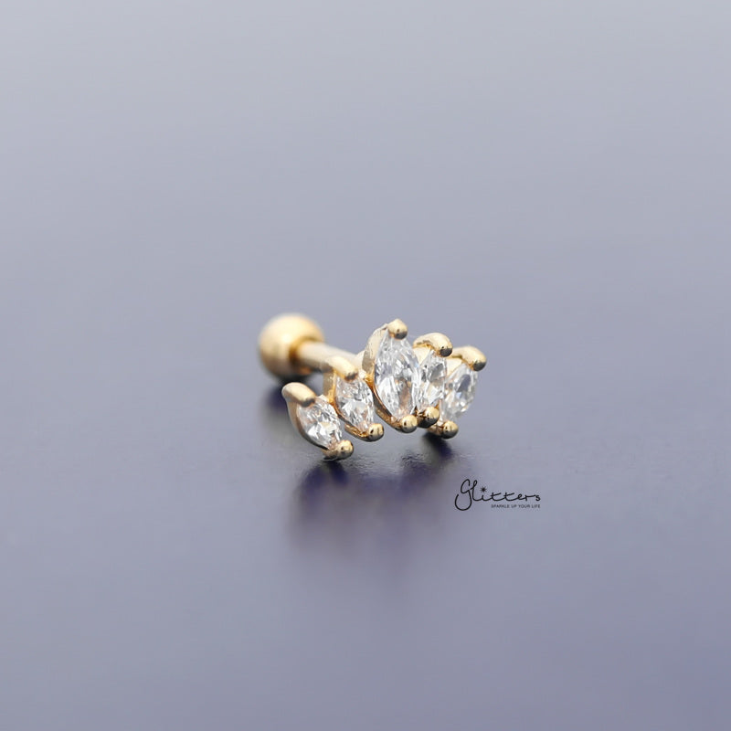 Prong Set Marquise CZ Tragus Cartilage Barbell Stud - Gold-Body Piercing Jewellery, Cartilage, Cubic Zirconia, Jewellery, Tragus, Women's Earrings, Women's Jewellery-TG0122-G3_802-Glitters