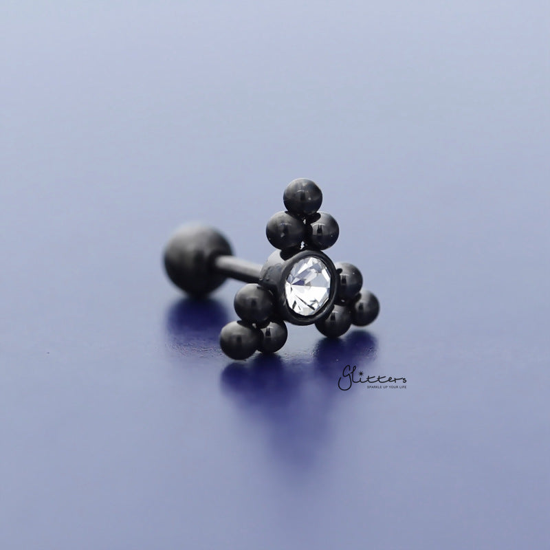 Clear Crystal Centre Ball Cluster Triangle Tragus Cartilage Barbell Stud - Black-Body Piercing Jewellery, Cartilage, Crystal, Jewellery, Tragus, Women's Earrings, Women's Jewellery-TG0128-K-4_800-Glitters