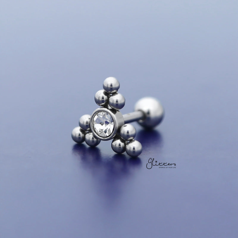 Clear Crystal Centre Ball Cluster Triangle Tragus Cartilage Barbell Stud - Silver-Body Piercing Jewellery, Cartilage, Crystal, Jewellery, Tragus, Women's Earrings, Women's Jewellery-TG0128-S-2_800-Glitters