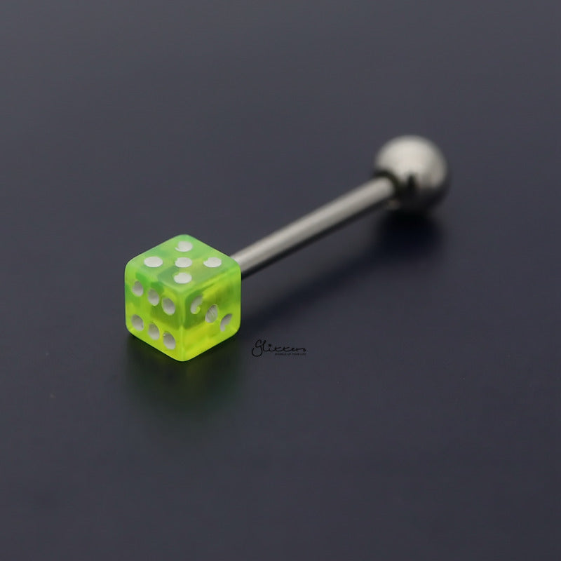 Acrylic Dice Tongue Barbell - Green-Body Piercing Jewellery, Tongue Bar-TR0027-G_800-Glitters