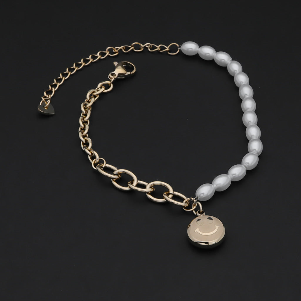 Stainless Steel Women's Bracelet with Dangle Smiley Face Charm - Gold-Bracelets, Jewellery, New, Stainless Steel, Stainless Steel Bracelet, Women's Bracelet, Women's Jewellery-WB0004-G5_1-Glitters