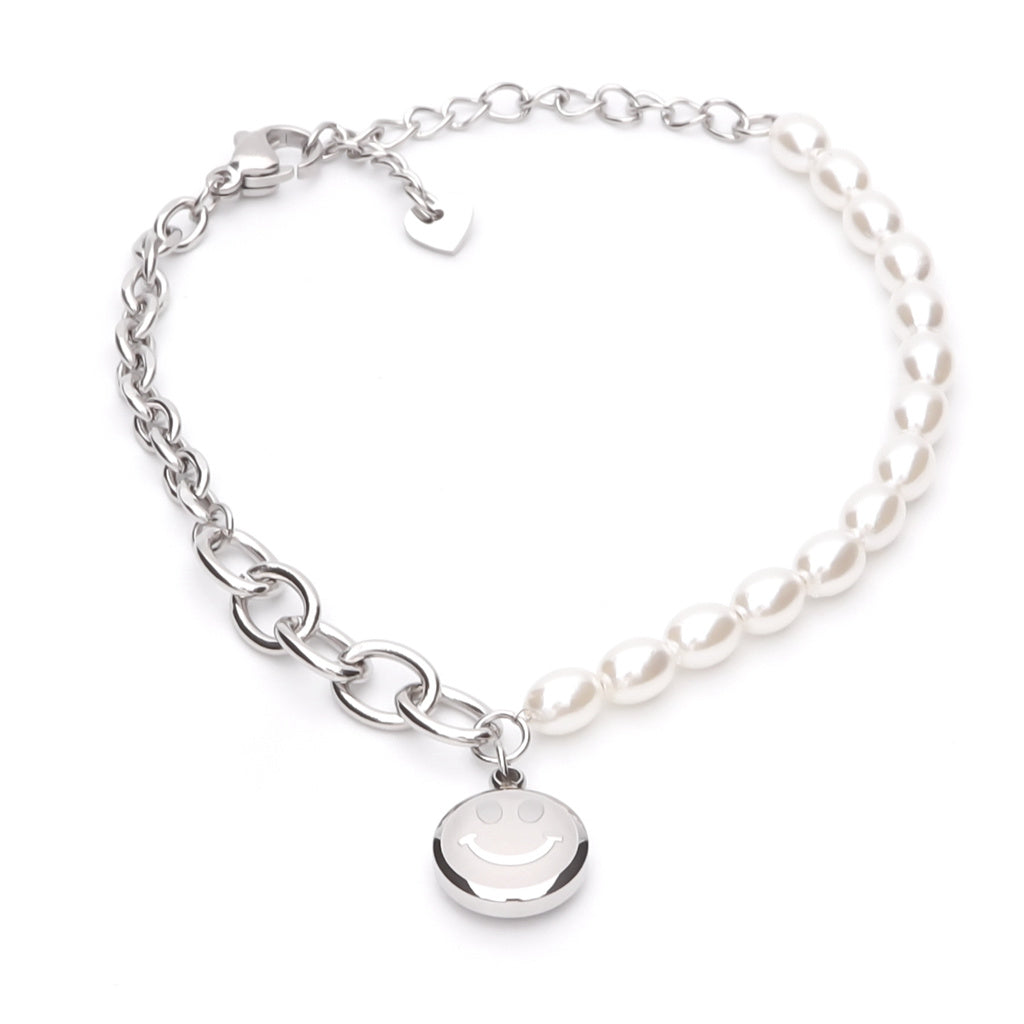 Stainless Steel Women's Bracelet with Dangle Smiley Face Charm - Silver-Bracelets, Jewellery, New, Stainless Steel, Stainless Steel Bracelet, Women's Bracelet, Women's Jewellery-WB0004-S1_1-Glitters