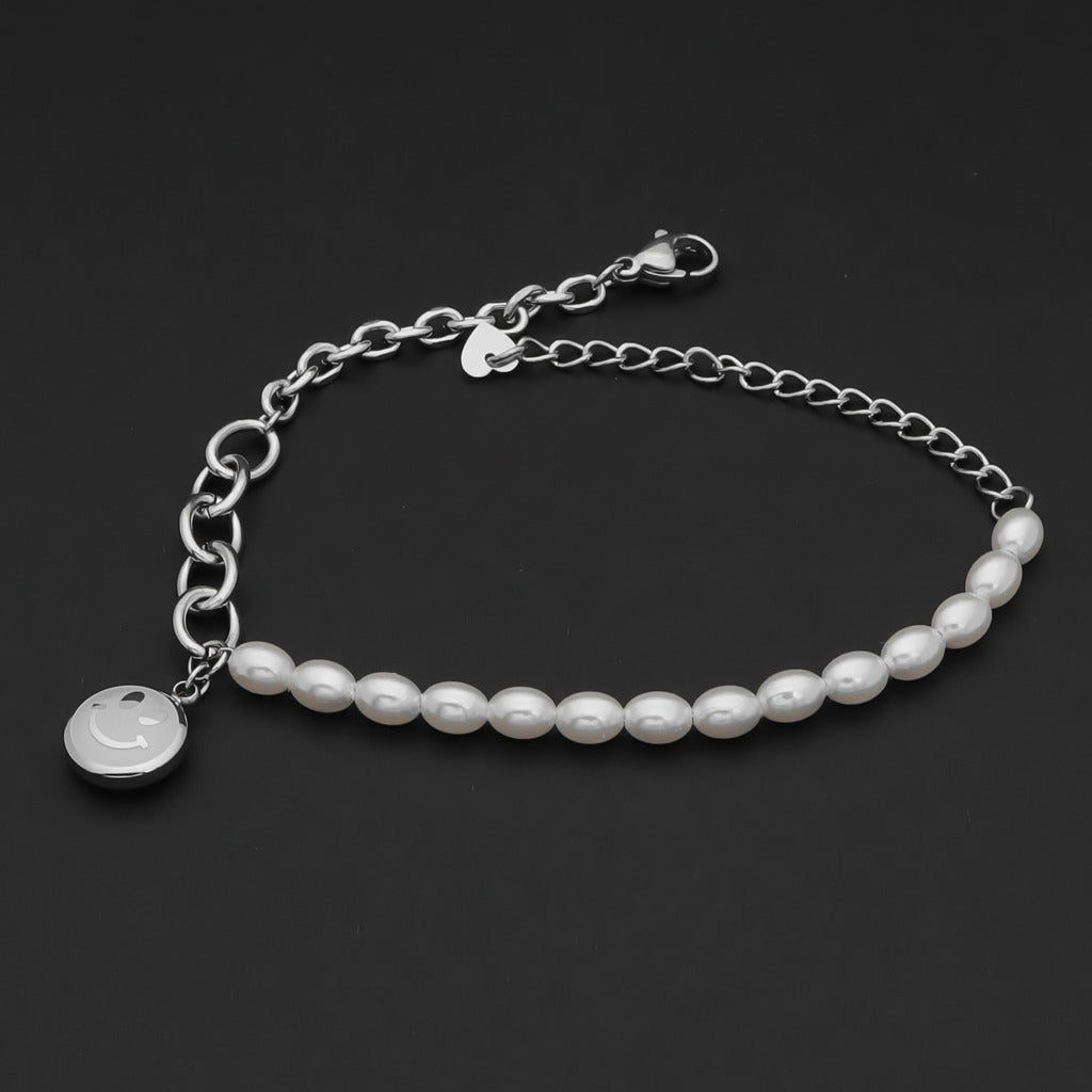 Stainless Steel Women's Bracelet with Dangle Smiley Face Charm - Silver-Bracelets, Jewellery, New, Stainless Steel, Stainless Steel Bracelet, Women's Bracelet, Women's Jewellery-WB0004-S5_1-Glitters