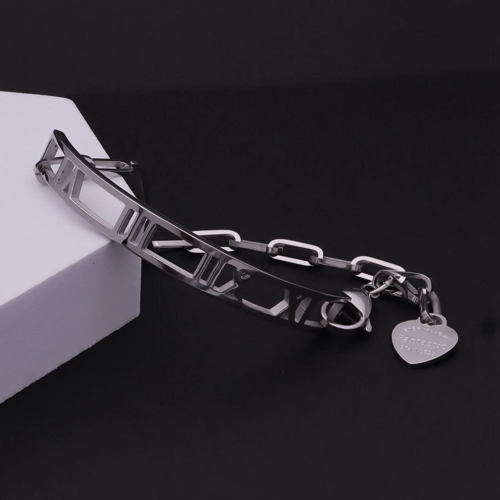 Stainless Steel Roman Numerals Bracelet with Heart Charm - Silver-Bracelets, Jewellery, New, Stainless Steel, Stainless Steel Bracelet, Women's Bracelet, Women's Jewellery-WB0012-S2_1-Glitters